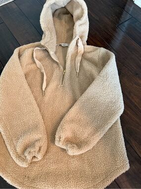 Ann Taylor Loft Cozy Cream/ tan Sherpa Half-Zip Hoodie Sherpa x-small